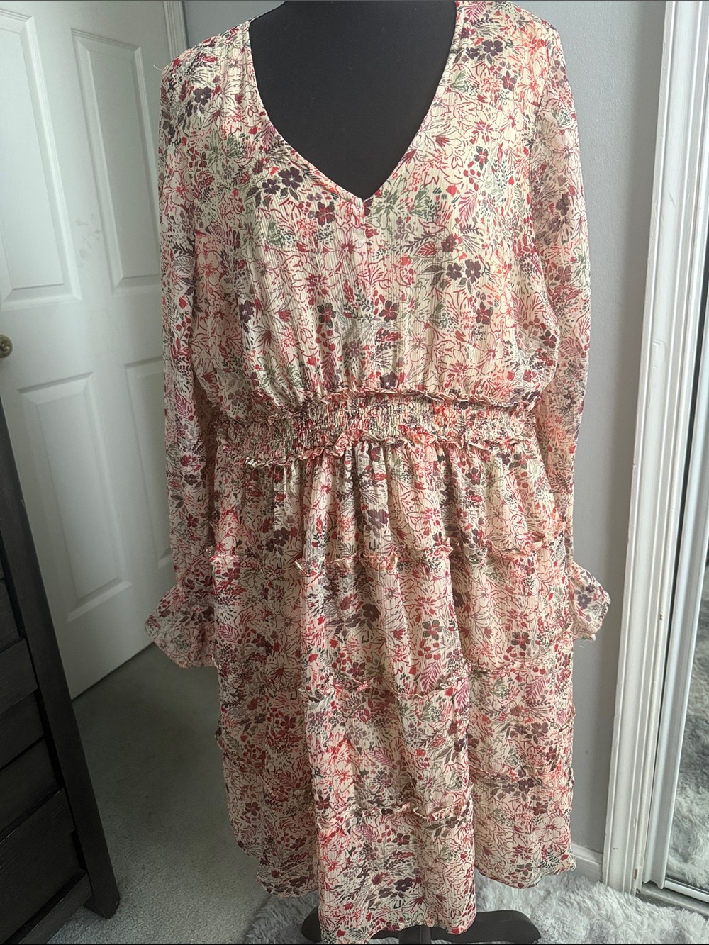 torrid Cream Floral Long Sleeve V-Neck Smocked Waist Dress